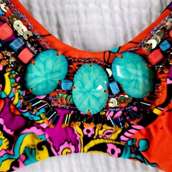Victorias Secret Bandeau Bikini Top Size L Beaded Sequins Tie Neck Back Hook New - Picture 2 of 10